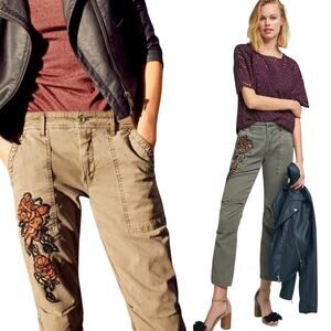 Anthropologie Floral Embroidered Wanderer Utility Pants Cotton Linen Green 31